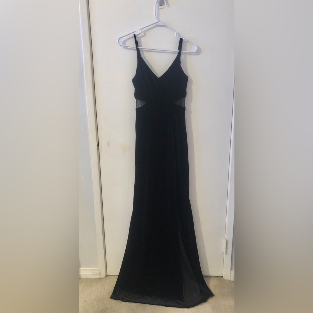 Windsor Black Velvet Maxi Sleeveless Dress with Sheer Side V neck cut outs Prom - Picture 2 of 11